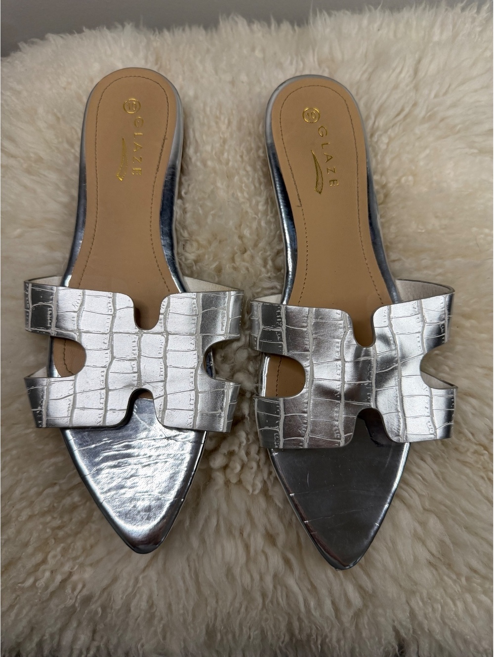 GLAZE Silver Metallic Croc Embossed Pointed Toe Mule Flats Slides Women’s 10